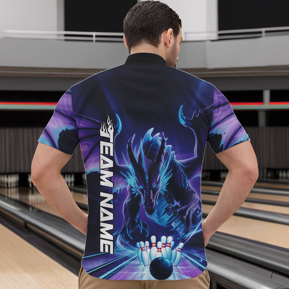 Custom Blue And Purple Dragon Bowling Quarter-Zip Shirts For Men, Dragon Bowling League Shirt IPHW8958
