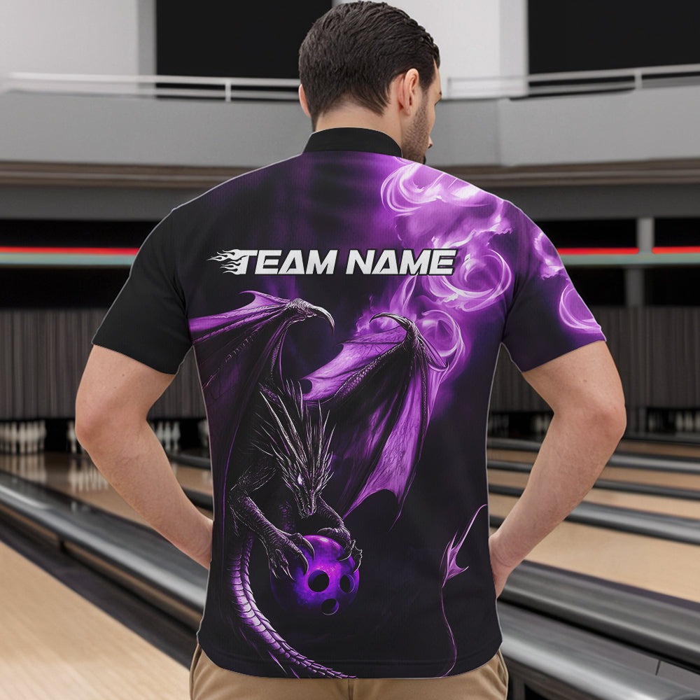 Custom Black And Purple Flame Dragon Bowling Quarter-Zip Shirts For Men, Dragon Bowling Jerseys IPHW8963