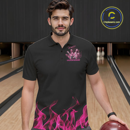 Custom Pink Skull Smoke Bowling Team Men Polo Shirts, Halloween Bowling Outfit IPHW9772
