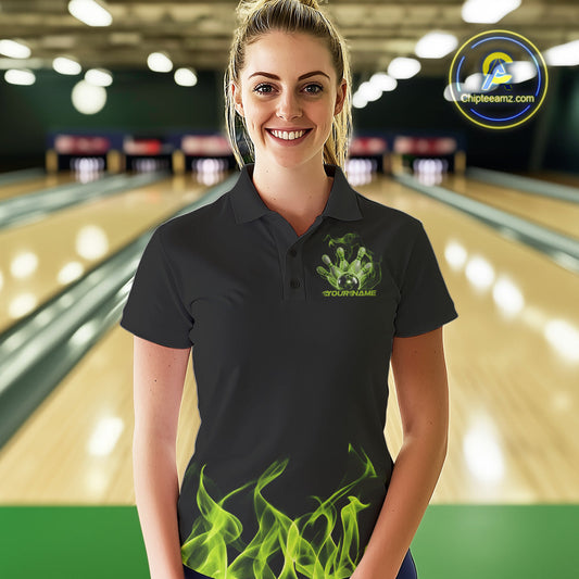 Custom Green Skull Smoke Bowling Team Women Polo Shirts, Halloween Bowling Outfit IPHW9773