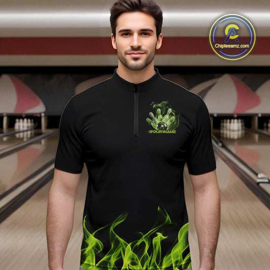 Custom Green Skull Smoke Bowling Team Men Quarter-Zip Shirts, Halloween Bowling Outfit IPHW9773