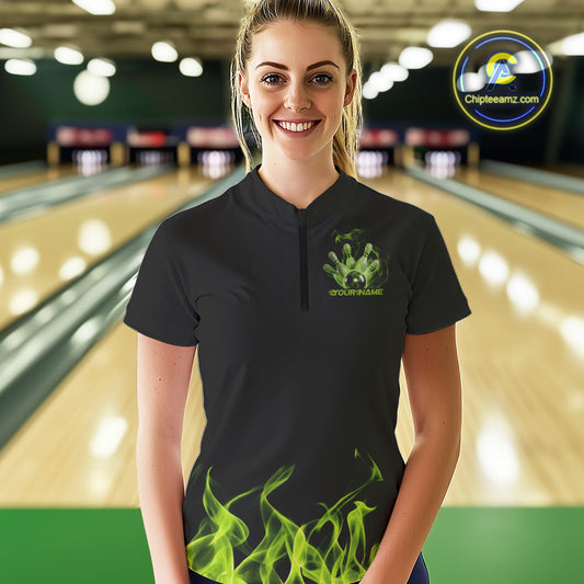 Custom Green Skull Smoke Bowling Team Women Quarter-Zip Shirts, Halloween Bowling Outfit IPHW9773