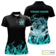 Load image into Gallery viewer, Custom Turquoise Blue Skull Smoke Bowling Team Women Polo Shirt, Halloween Bowling Outfit IPHW9774