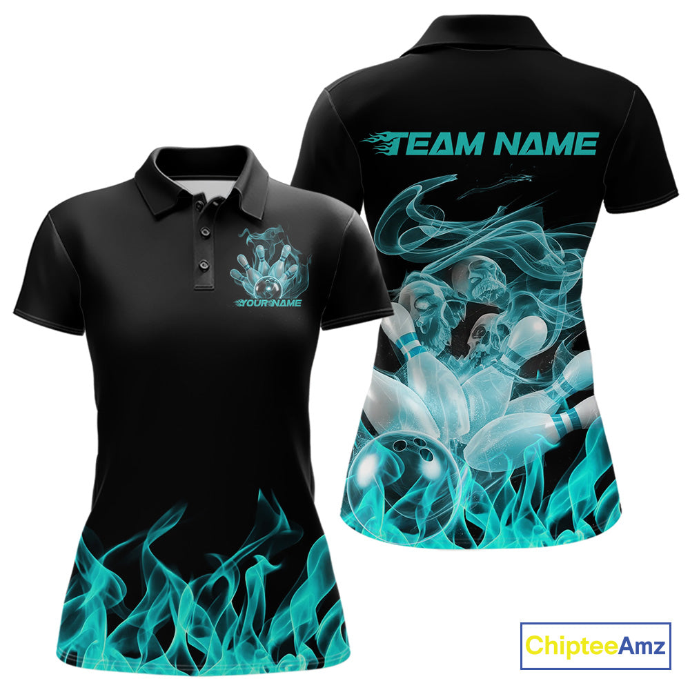 Custom Turquoise Blue Skull Smoke Bowling Team Women Polo Shirt, Halloween Bowling Outfit IPHW9774