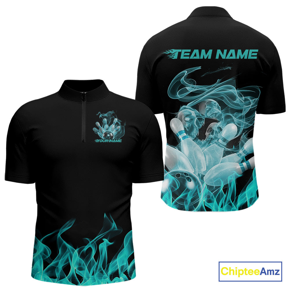 Custom Turquoise Blue Skull Smoke Bowling Team Men Quarter-Zip Shirts, Halloween Bowling Outfit IPHW9774