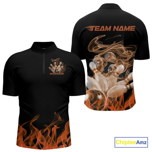 Custom Orange Skull Smoke Bowling Team Men Quarter-Zip Shirts, Halloween Bowling Outfit IPHW9775