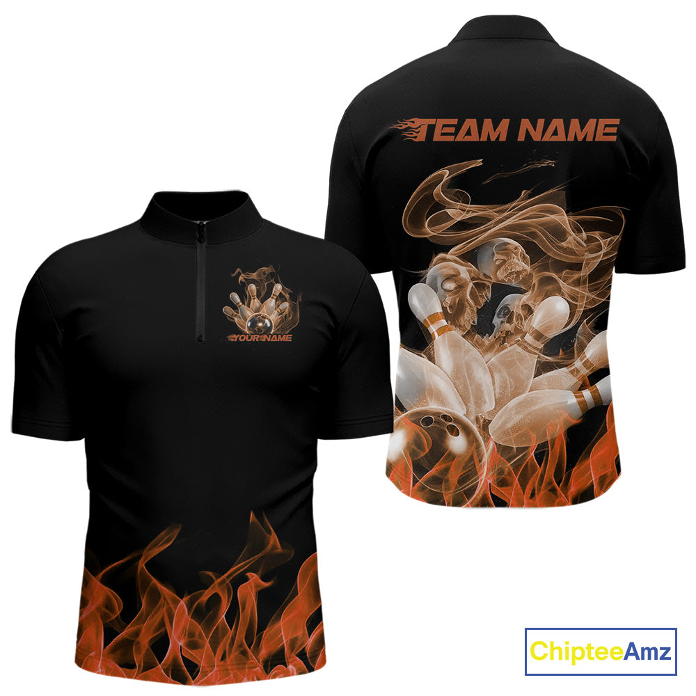 Custom Orange Skull Smoke Bowling Team Men Quarter-Zip Shirts, Halloween Bowling Outfit IPHW9775