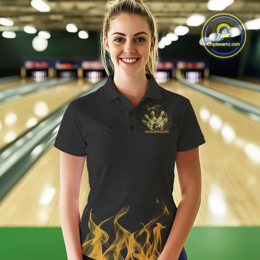 Custom Yellow Skull Smoke Bowling Team Women Polo Shirts, Halloween Bowling Outfit IPHW9776
