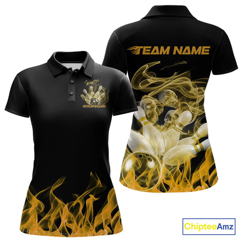 Custom Yellow Skull Smoke Bowling Team Women Polo Shirts, Halloween Bowling Outfit IPHW9776