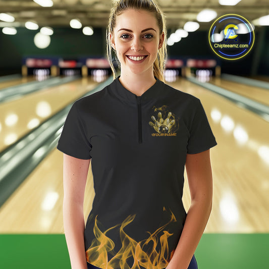 Custom Yellow Skull Smoke Bowling Team Women Quarter-Zip Shirts, Halloween Bowling Outfit IPHW9776