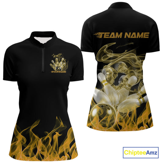 Custom Yellow Skull Smoke Bowling Team Women Quarter-Zip Shirts, Halloween Bowling Outfit IPHW9776