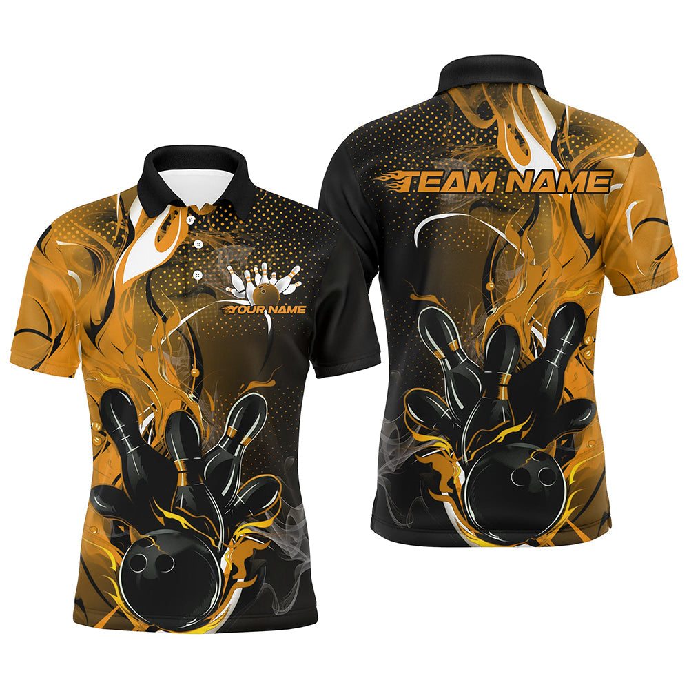 Black And Gold Custom Flame Bowling Polo Shirts For Men, Yellow Fire Bowling Team Shirt IPHW8239