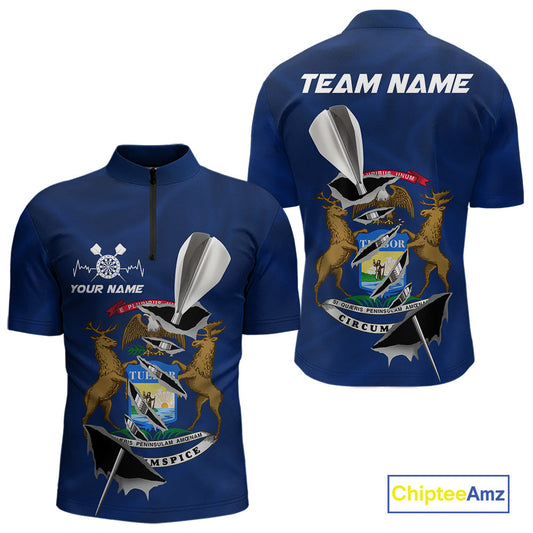 Custom Michigan State Flag Silver Dart Steel Tip Dart Men Quarter-Zip Shirt, Dart Team Jerseys IPHW10564