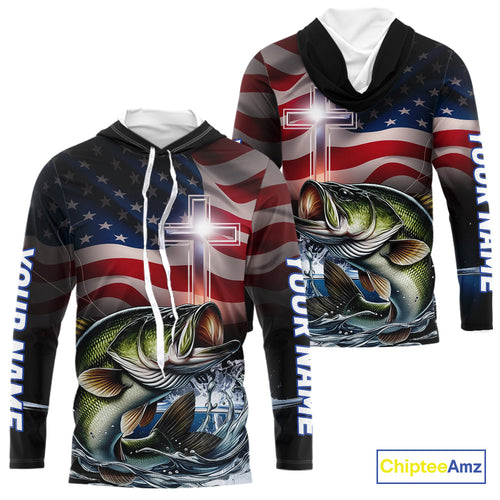 Custom Patrotic Largemouth Bass Long Sleeve Hooded Fishing Shirts, Faith Bass Fishing Shirt IPHW9204