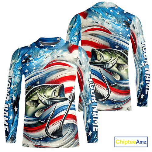 Custom Patriotic Amercian Flag Largemouth Bass Kid Long Sleeve Tournament Fishing Shirts IPHW9210