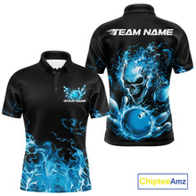 Load image into Gallery viewer, Front and back views of a black bowling polo with cyan blue flame graphics, a skull holding a cyan blue bowling ball, and customizable name and team text.