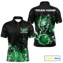Load image into Gallery viewer, Front and back views of a black bowling polo with green flame graphics, a skull holding a green bowling ball, and customizable name and team text.