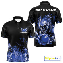 Load image into Gallery viewer, Front and back views of a black bowling polo with mid blue flame graphics, a skull holding a mid blue bowling ball, and customizable name and team text.