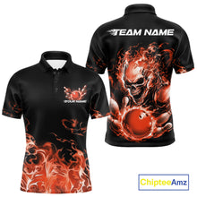 Load image into Gallery viewer, Front and back views of a black bowling polo with orange flame graphics, a skull holding a orange bowling ball, and customizable name and team text.
