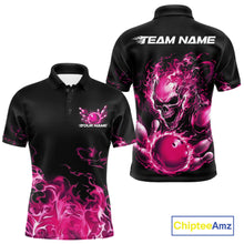 Load image into Gallery viewer, Front and back views of a black bowling polo with pink flame graphics, a skull holding a pink bowling ball, and customizable name and team text.
