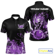Load image into Gallery viewer, Front and back views of a black bowling polo with purple flame graphics, a skull holding a purple bowling ball, and customizable name and team text.
