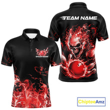 Load image into Gallery viewer, Front and back views of a black bowling polo with red flame graphics, a skull holding a red bowling ball, and customizable name and team text.