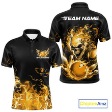 Load image into Gallery viewer, Front and back views of a black bowling polo with yellow flame graphics, a skull holding a yellow bowling ball, and customizable name and team text.
