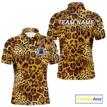 Load image into Gallery viewer, Front and back views of a yellow, brown, and black leopard-print bowling shirt with customizable “Your Name” and “Team Name” text.