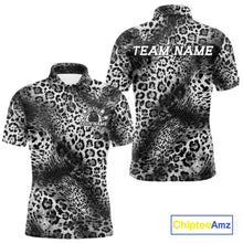 Load image into Gallery viewer, Front and back views of a white, and black leopard-print bowling shirt with customizable “Your Name” and “Team Name” text.