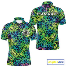 Load image into Gallery viewer, Front and back views of a green, blue, and black leopard-print bowling shirt with customizable “Your Name” and “Team Name” text.
