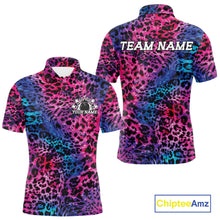 Load image into Gallery viewer, Front and back views of a blue, pink, purple, and black leopard-print bowling shirt with customizable “Your Name” and “Team Name” text.
