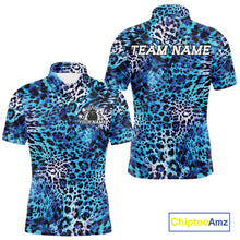 Load image into Gallery viewer, Front and back views of a blue, teal, and black leopard-print bowling shirt with customizable “Your Name” and “Team Name” text.