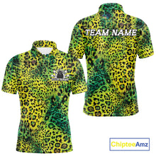 Load image into Gallery viewer, Front and back views of a green, yellow, and black leopard-print bowling shirt with customizable “Your Name” and “Team Name” text.
