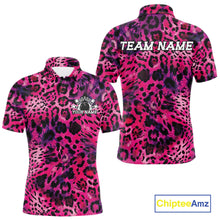 Load image into Gallery viewer, Front and back views of a pink, purple, and black leopard-print bowling shirt with customizable “Your Name” and “Team Name” text.