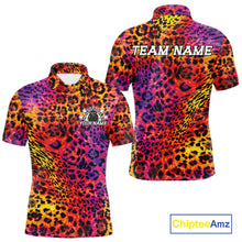 Load image into Gallery viewer, Front and back views of a yellow, orange, purple, and black leopard-print bowling shirt with customizable “Your Name” and “Team Name” text.
