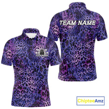 Load image into Gallery viewer, Front and back views of a purple, and black leopard-print bowling shirt with customizable “Your Name” and “Team Name” text.
