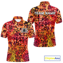 Load image into Gallery viewer, Front and back views of a red, orangw, and black leopard-print bowling shirt with customizable “Your Name” and “Team Name” text.
