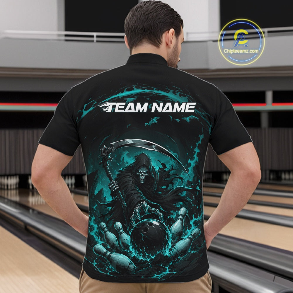 Front view of a male model wearing a black and cyan blue bowling quarter zip shirt featuring a grim reaper commanding a blazing bowling ball crashing through scattered pins amid swirling flames in a bowling lane.