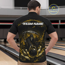 Load image into Gallery viewer, Front view of a male model wearing a black and yellow bowling quarter zip shirt featuring a grim reaper commanding a blazing bowling ball crashing through scattered pins amid swirling flames in a bowling lane.