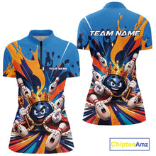 Load image into Gallery viewer, Front and back view of a women's bowling quarter zip mockup featuring a crowned cartoon bowling ball holding a royal scepter surrounded by cheering animated pins and colorful paint splashes.