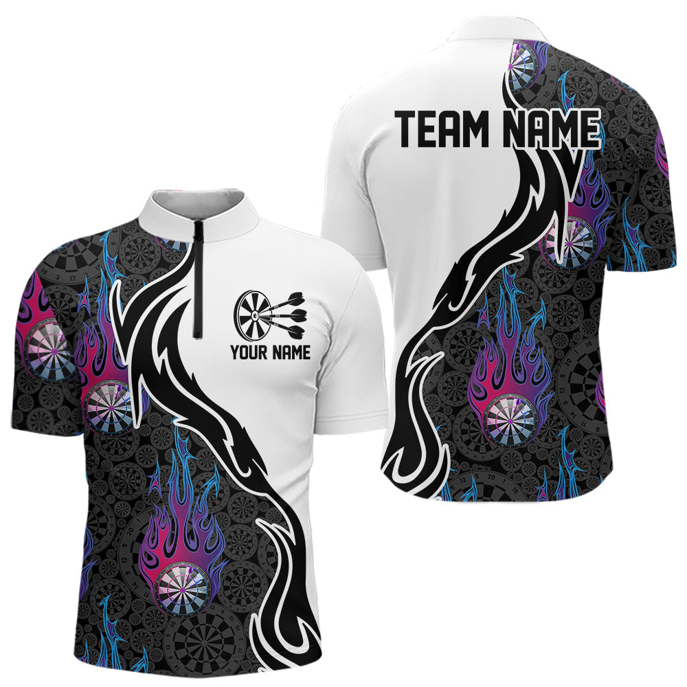 Blue And Purple Flame Dartboad Custom Dart Quarter-Zip Shirts For Men, Dart Tournament Team Shirt IPHW8499