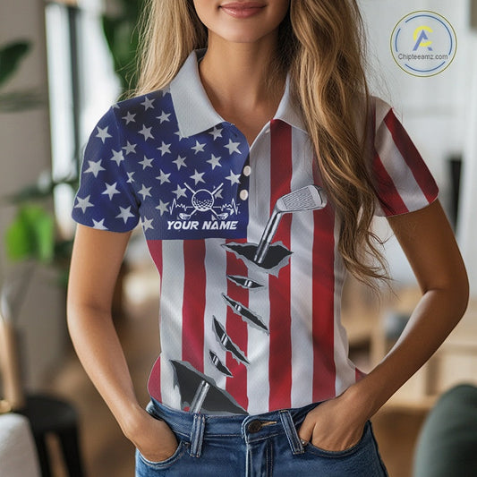 Custom US Flag Golf Club Patriotic Golf Team Shirt For Women, American Golfer Outfits IPHW10579