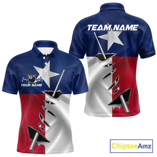 Custom Texas State Flag Silver Billiard Cue Patriotic Billiard 8 Ball Shirts For Men IPHW10587