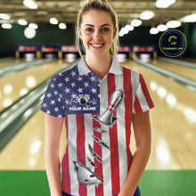 Load image into Gallery viewer, Custom US Flag Silver Bowling Ball And Pin Patriotic Bowling Shirts For Women Team Jerseys IPHW10588