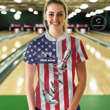 Load image into Gallery viewer, Custom US Flag Silver Bowling Ball And Pin Patriotic Bowling Shirt For Women Team Jersey IPHW10588