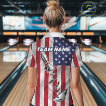 Load image into Gallery viewer, Custom US Flag Silver Bowling Ball And Pin Patriotic Bowling Shirt For Women Team Jersey IPHW10588