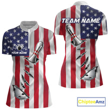 Load image into Gallery viewer, Custom US Flag Silver Bowling Ball And Pin Patriotic Bowling Shirt For Women Team Jersey IPHW10588