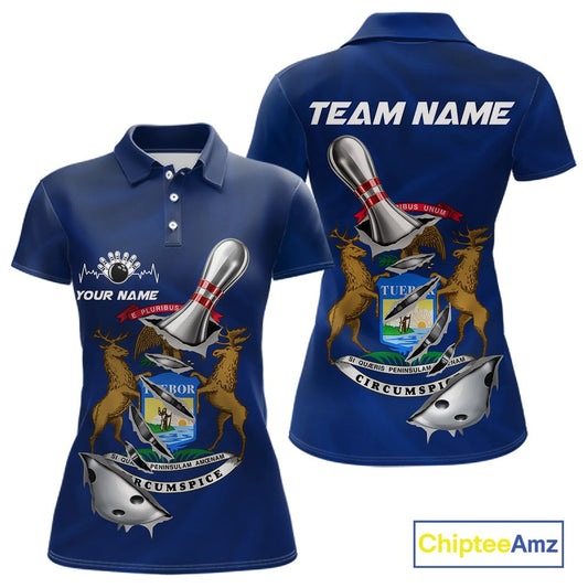 Custom Michigan State Flag Silver Bowling Ball And Pin Patriotic Bowling Shirts For Women IPHW10589
