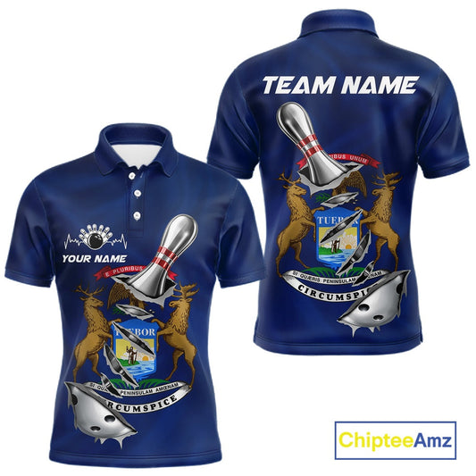 Custom Michigan State Flag Silver Bowling Ball And Pin Patriotic Bowling Shirts For Men IPHW10589