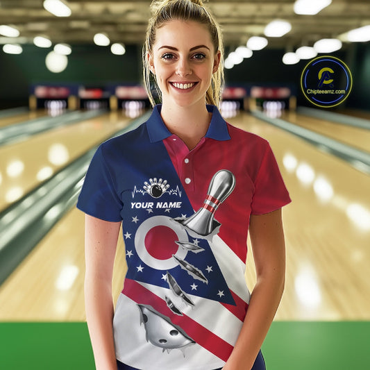 Custom Ohio State Flag Silver Bowling Ball And Pin Patriotic Bowling Shirts For Women IPHW10590